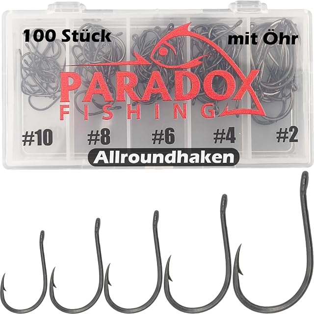 Set di 100 ami da pesca con occhiello Paradox Fishing in cinque misure